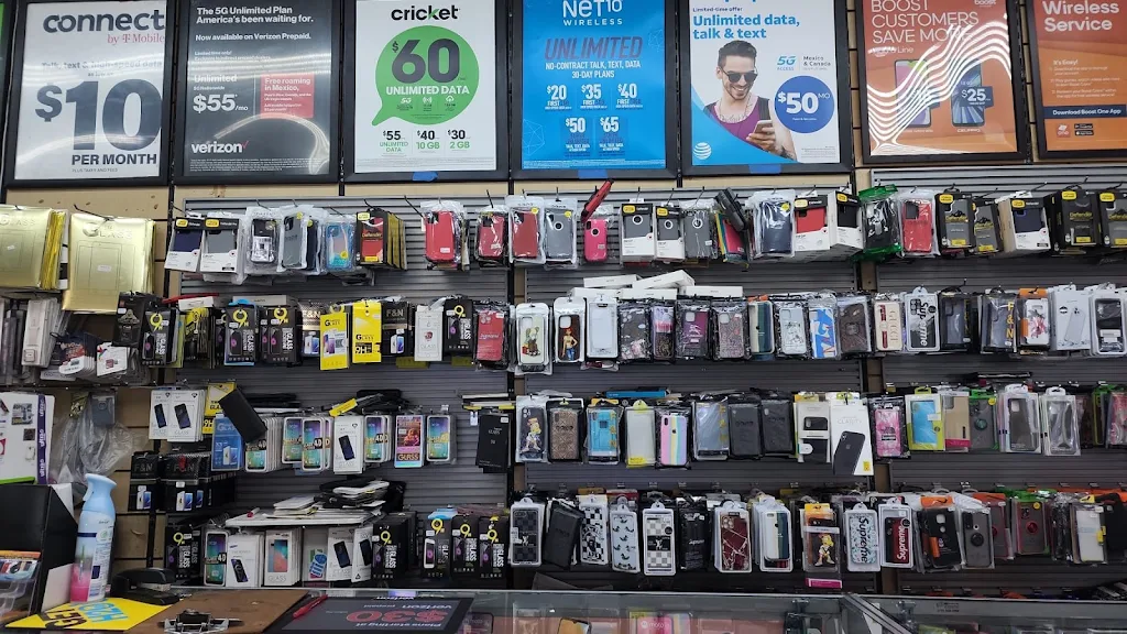 Wall of phone cases and accessories inside Mr. Phone US